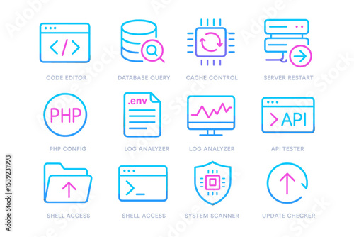 Neon tech icons: code editor, database, cache control, server, api, php, security