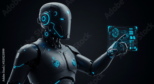 Dark humanoid robot with glowing blue accents interacting with a holographic interface, symbolizing artificial intelligence, futuristic technology, or data control.