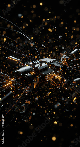 Intricate network of interconnected circuits and glowing orange particles on a dark background, symbolizing complex technology, data flow, or abstract digital architecture.