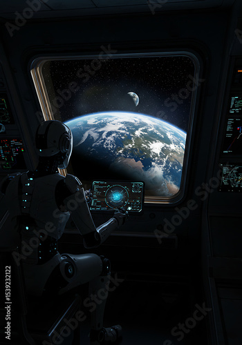 Astronaut robot in a spaceship cockpit overlooking Earth and Moon from space, symbolizing space exploration, AI in space, or futuristic cosmic travel and observation.