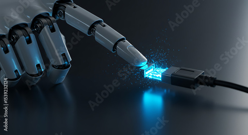 Robotic finger about to touch a glowing blue USB connector, symbolizing digital connection, artificial intelligence interacting with hardware, or future technology.