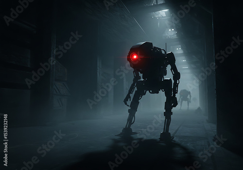 Menacing four-legged robot with a single glowing red eye, patrolling a dark, dusty, and abandoned industrial corridor, symbolizing dystopian surveillance or sci-fi horror.