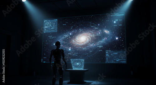 Humanoid robot viewing a holographic galaxy map with data displays, symbolizing space exploration, AI astrophysics, or futuristic cosmic research.