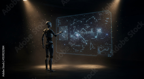 Humanoid robot interacting with a glowing holographic world map and data interface, symbolizing global AI, data analytics, or futuristic command and control.
