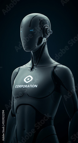 Dark humanoid robot with glowing blue eyes and a corporate logo on its chest, symbolizing artificial intelligence, futuristic technology, or a robotic corporate entity.