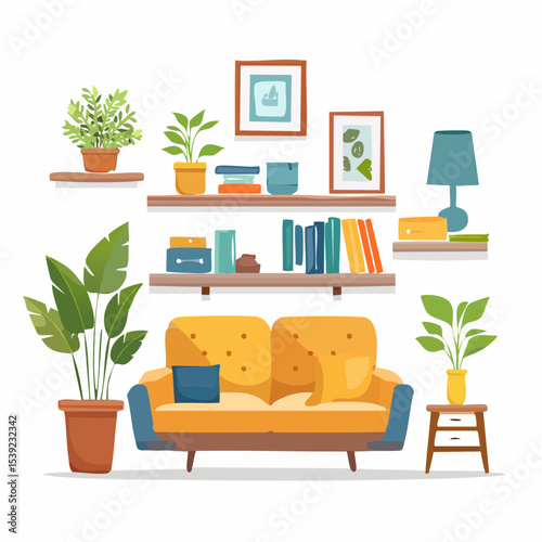 Cozy Living Room Interior Design Plants, Shelving, and Sofa Arrangement