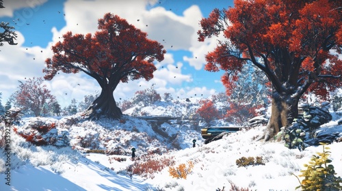 Winter landscape with vibrant trees