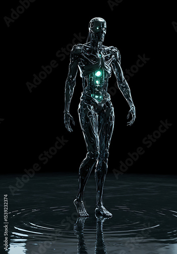 Dark humanoid figure with glowing green eyes and internal lights, symbolizing futuristic AI, biomechanical design, or advanced cyborg technology on a dark reflective surface.