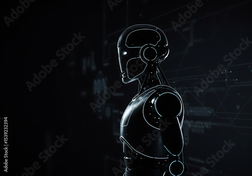 
Sleek, dark humanoid robot with glowing white outline and eyes, symbolizing artificial intelligence, futuristic technology, or a minimalist cybernetic design.