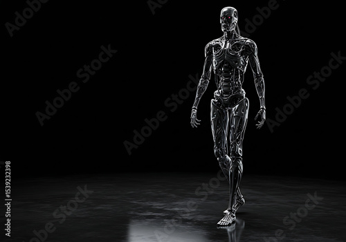 Sleek metallic humanoid robot with glowing red eyes, standing on a dark reflective surface, symbolizing artificial intelligence, futuristic technology, or a menacing cybernetic being