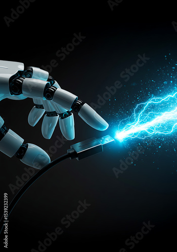 Robotic hand touching a power cable with a blue electrical discharge, symbolizing energy transfer, futuristic power, or technological connection.