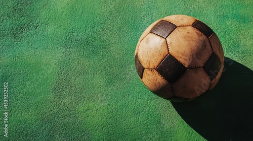 Worn soccer ball on green surface