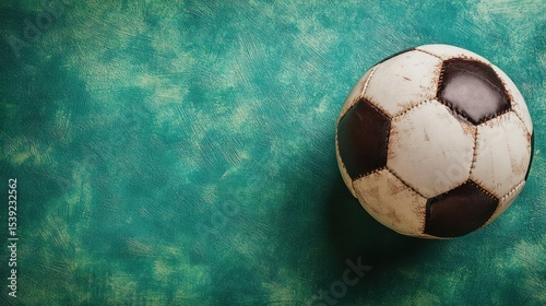 Worn soccer ball on teal background