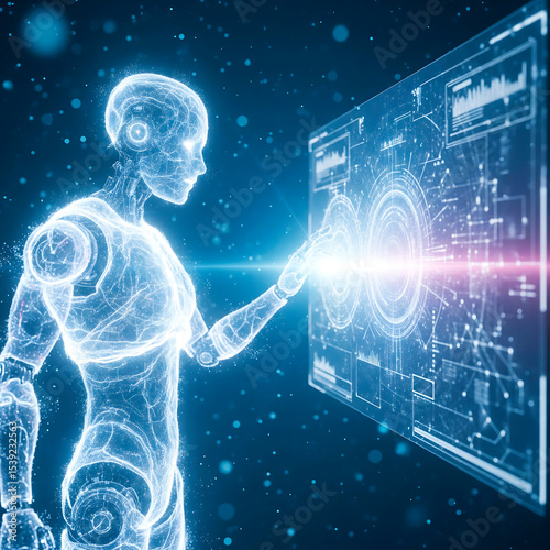 Ethereal blue humanoid robot interacting with a glowing digital interface, symbolizing artificial intelligence, futuristic technology, or a holographic user experience.