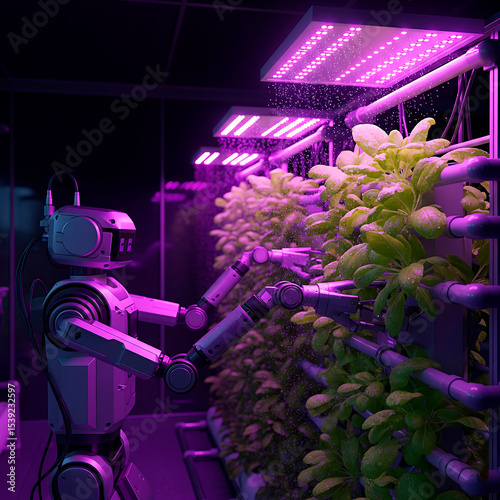 White robot tending to vertical farm plants under purple LED grow lights, symbolizing automated agriculture, sustainable farming, or futuristic food production.