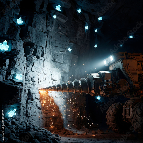 Heavy mining drill robot extracting resources in a dark cave illuminated by bright lights and glowing crystals, symbolizing automated mining, futuristic extraction, or deep earth exploration.
