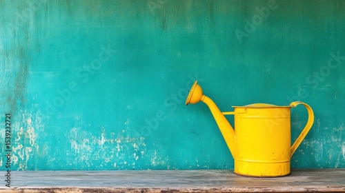 Yellow watering can on teal wall