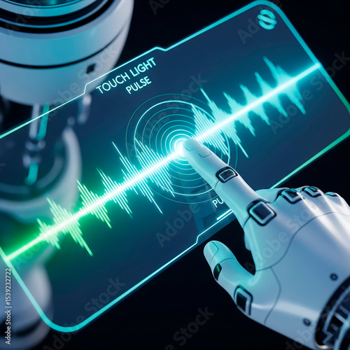 Robotic hand interacting with a glowing holographic screen displaying a sound wave, symbolizing futuristic touch technology, human-machine interface, or sound engineering.
