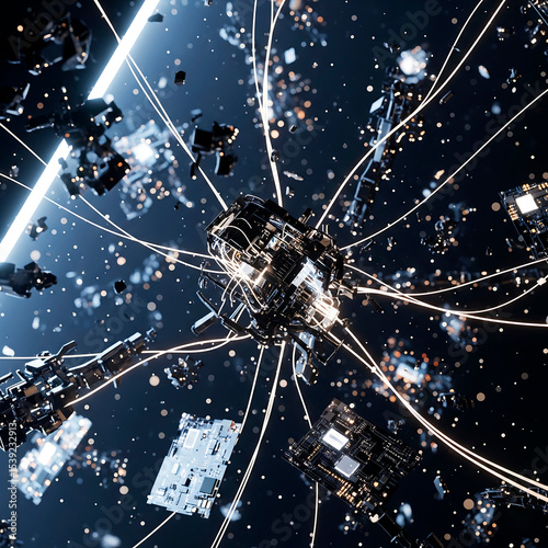 Intricate network of floating digital fragments connected by glowing lines, suggesting complex data systems, futuristic technology, or a vast interconnected cybernetic world.