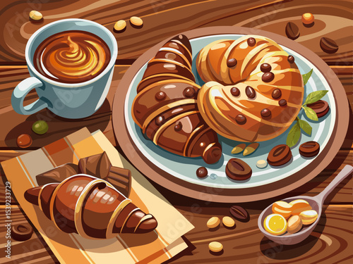 vector of A plate of sweet croissants covered with chocolate and hazelnuts on a wooden background, and a cup of tea next to it...