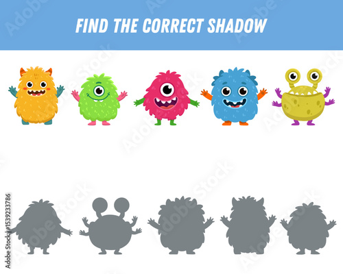 Find correct shadow of cute monsters. Educational logical game for kids. Halloween game. Cartoon monsters. Vector

