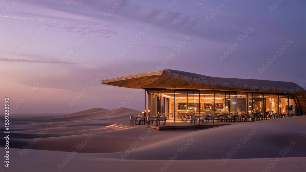 A modern architectural marvel seamlessly merges with the serene desert landscape, with the warm inviting lights of the structure, set against the twilight sky.