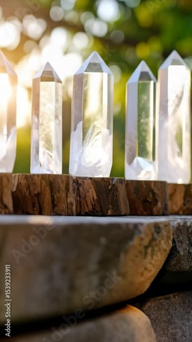 Row of clear quartz crystal points standing on a rough wood log with a blurred green foliage background for holistic wellness.