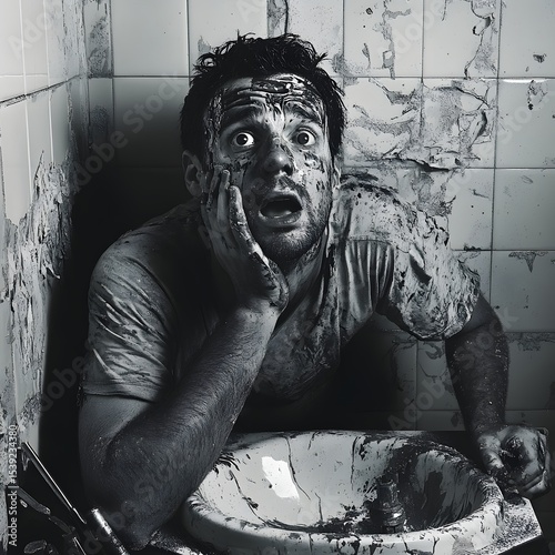Man covered in grime with shocked expression in dirty bathroom with sink and tiled walls