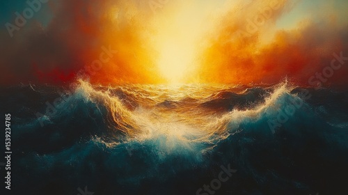 Fiery sunrise over turbulent ocean waves.