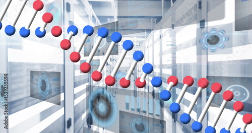 Showing DNA helix in lab corridor, with glass-panel racks and holographic circular data screens