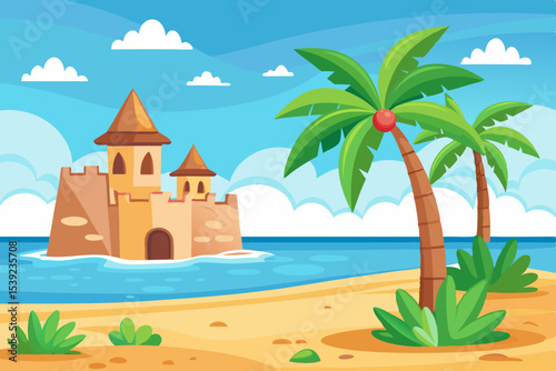 Tropical island beach paradise: a sun-drenched coastal landscape with palm trees, a castle, and an exotic island in the clear ocean water, perfect for summer travel