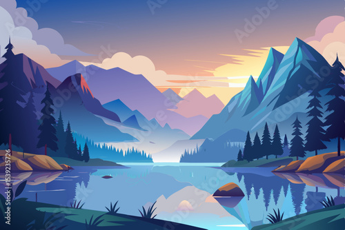 Majestic mountain landscape with a serene lake reflecting the vibrant sky, whether at sunrise or sunset, and often featuring snow-capped peaks and glaciers