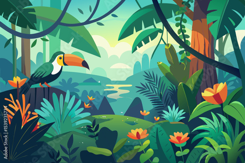 Colorful toucan on a branch with lush green foliage, a seamless floral pattern of tropical leaves and flowers, and a delicate butterfly