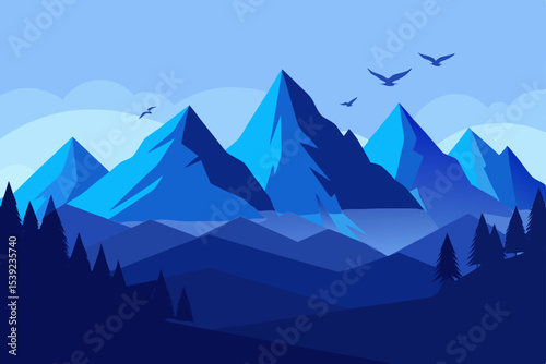 Snowy mountain peaks touch the sky in a vast winter landscape vector illustration