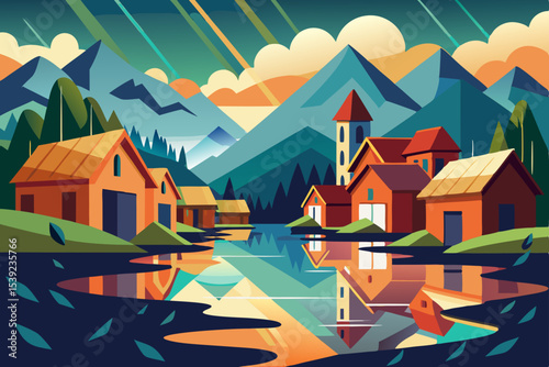 Vector illustration of charming mountain village houses nestled in a vibrant natural landscape, blending architecture with the beauty of all seasons