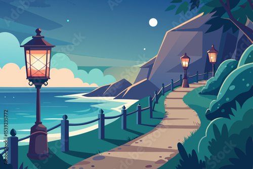 Night in the city meets the sea, with a moonlit landscape and distant architecture under a starry sky
