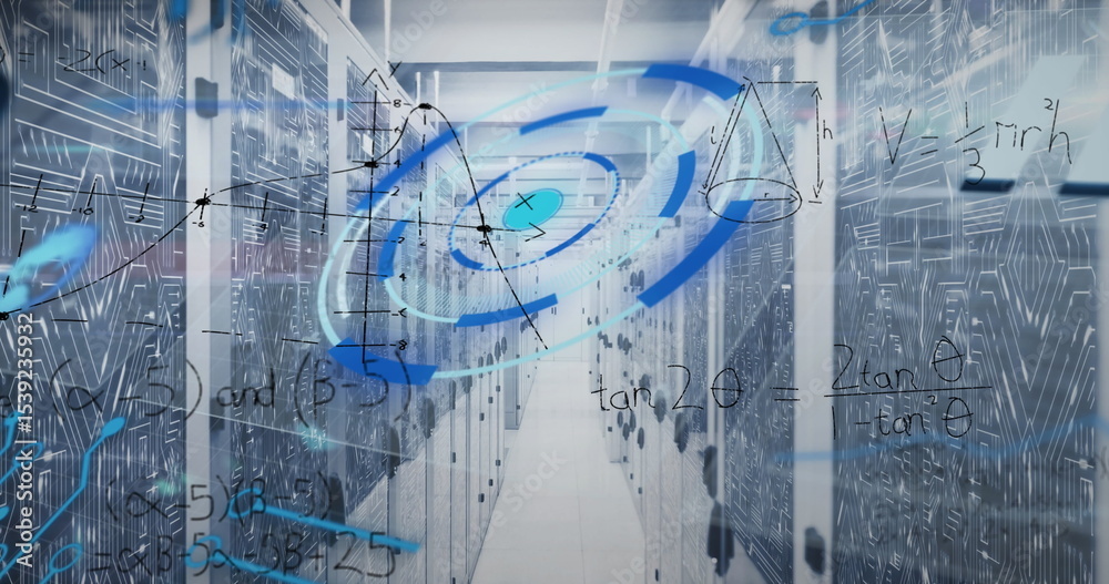 Obraz premium Server racks extending in data centre corridor flashing LED indicators, with holographic data swirl