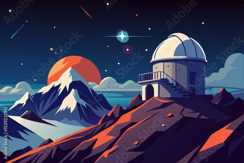 Night landscape illustration: A crescent moon illuminates a fantasy castle silhouette under a star-filled sky with a distant UFO