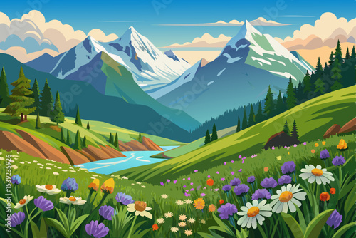 Alpine mountain landscape with a summer meadow, green grass, and a view of snow-capped peaks under a blue sky with clouds
