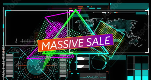 Displaying central neon gradient MASSIVE SALE banner glowing in UI, with HUD rings and world map