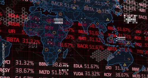 Wallpaper Mural Displaying world map outline showing stock tickers, percentages and hexagon clusters on dashboard Torontodigital.ca