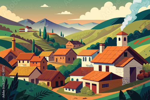 Old European mountain villages with medieval houses and churches offer picturesque views of the surrounding landscape and sky