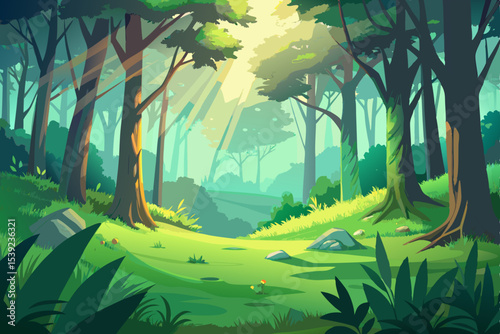 Tropical forest landscape with lush trees, a winding river, and a vibrant blue sky reflecting the summer sun