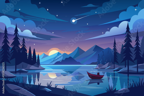 Snowy mountain landscape at sunset with a serene lake reflecting the vibrant sky and distant forest peaks