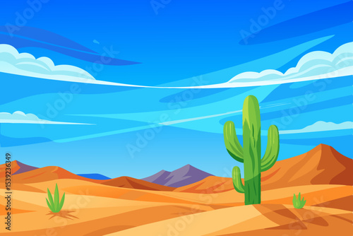 Desert landscape vector illustration featuring mountains, clouds, and a summer sky with a sunrise over sandy hills