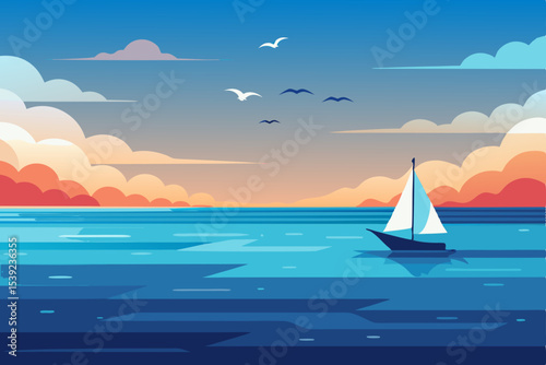 A majestic yacht and a graceful sailboat glide across the azure sea under a summer sky, with the sun on the horizon