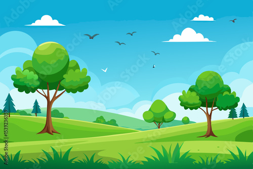 Lush summer landscape vector with green trees, grass, and vibrant flowers under a bright sky with sun and clouds, illustrating a serene natural environment