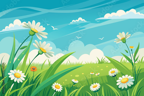 A vibrant summer meadow bursts with daisies and wildflowers under a clear sky
