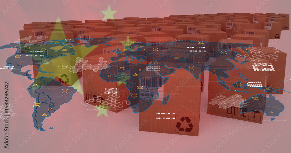 Naklejka premium Filling cardboard boxes showing recycling codes in depot, world map network info over Chinese flag