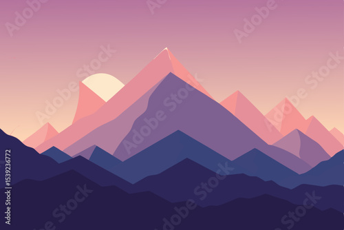 Mountain landscape vector illustration with sunset and pyramids
